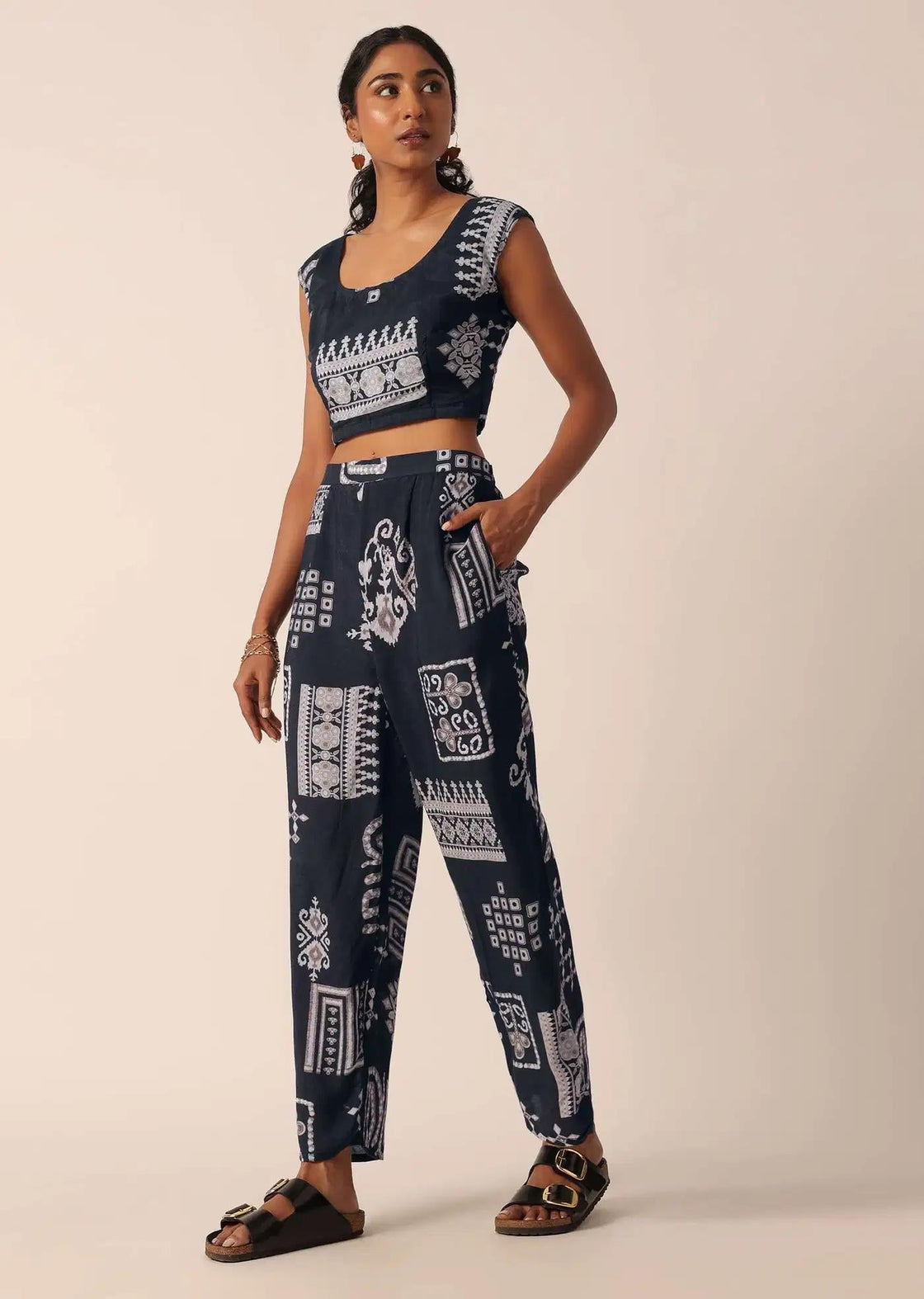 Cotton Pant Set With Printed Long Jacket In Black