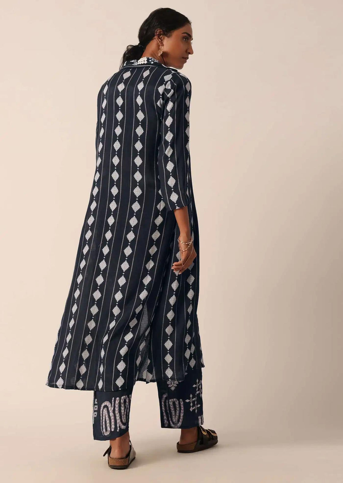 Cotton Pant Set With Printed Long Jacket In Black