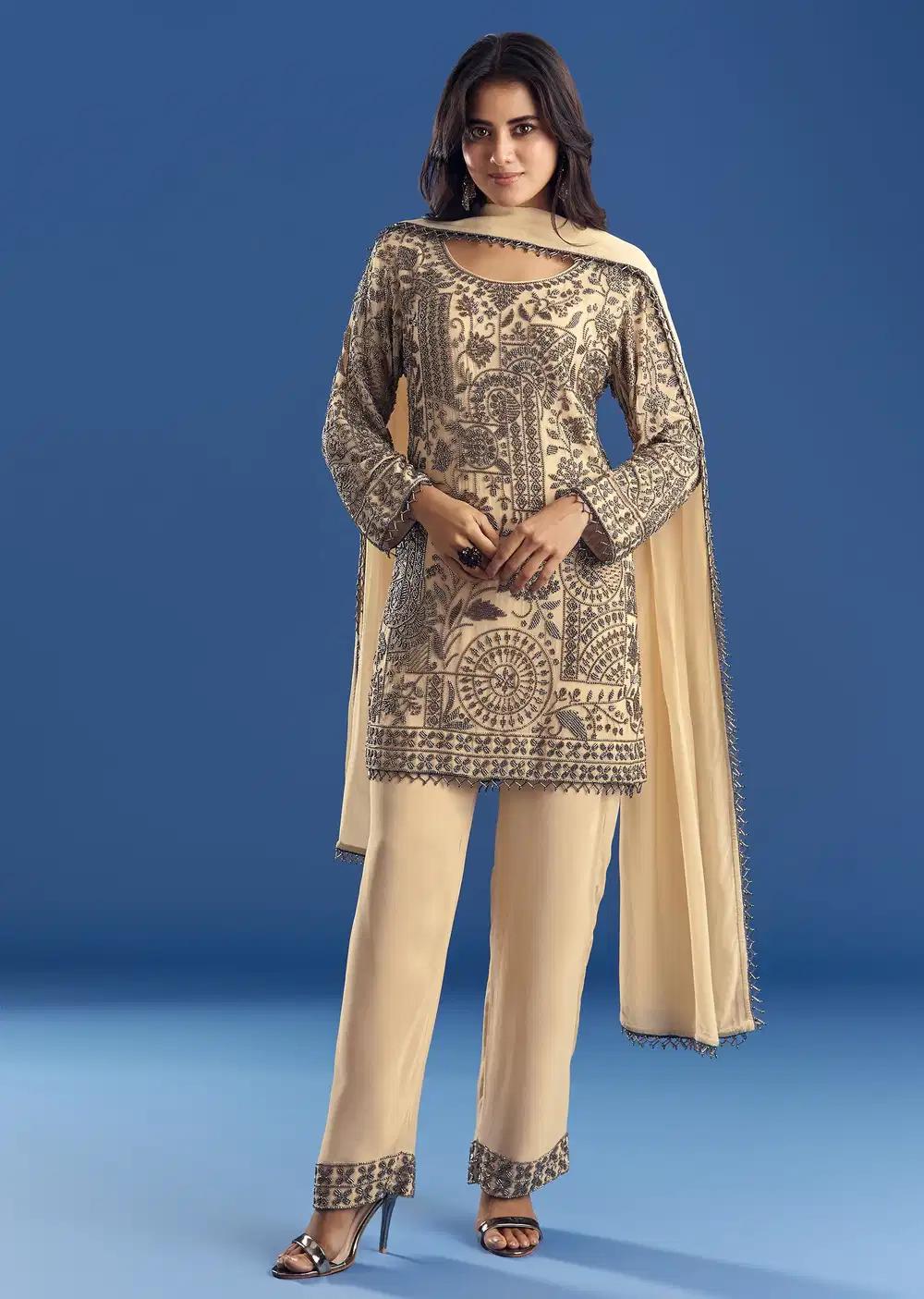 Cream Beaded Kurta Dupatta Ensemble With Georgette Pant Outfit