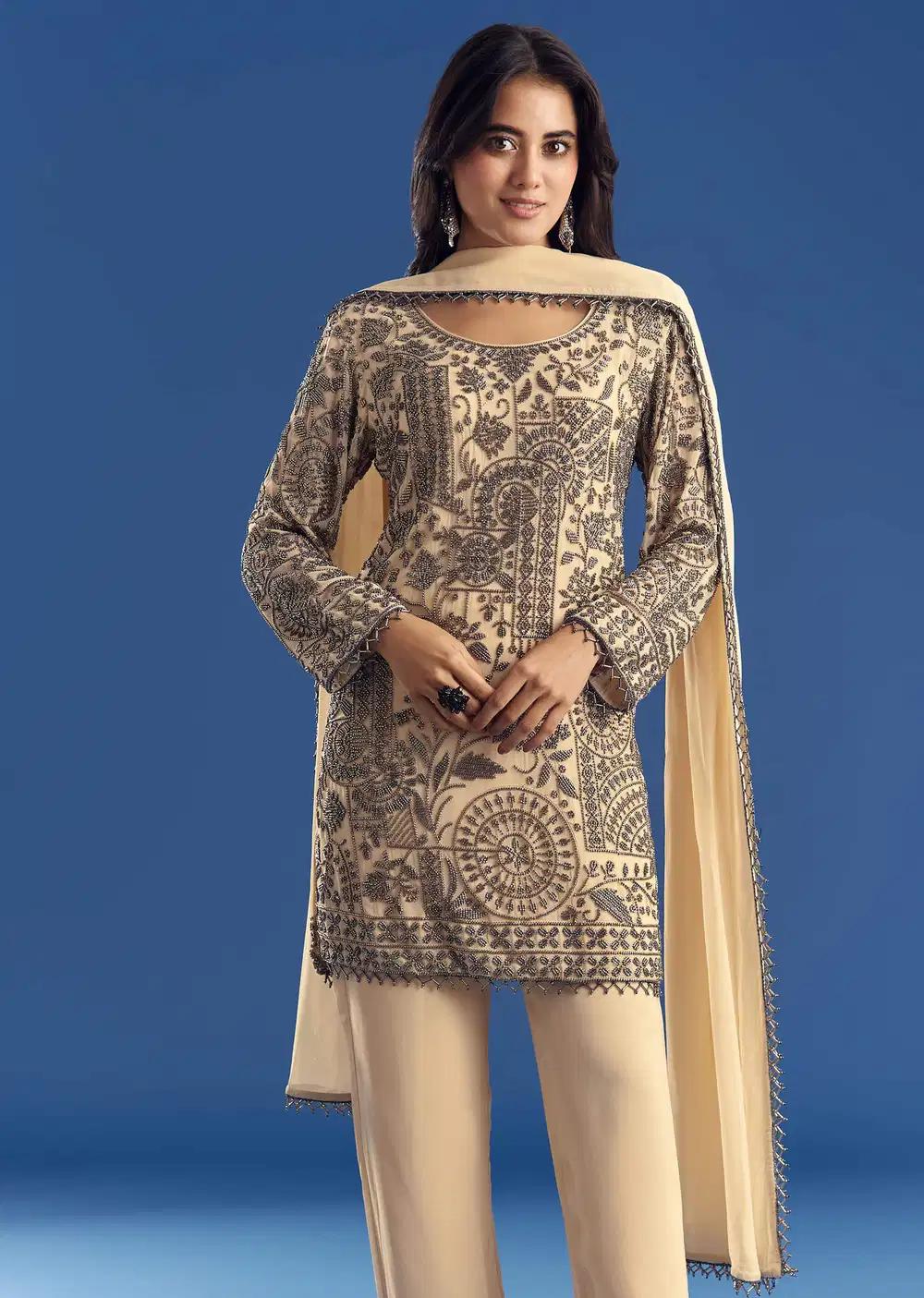 Cream Beaded Kurta Dupatta Ensemble With Georgette Pant Outfit