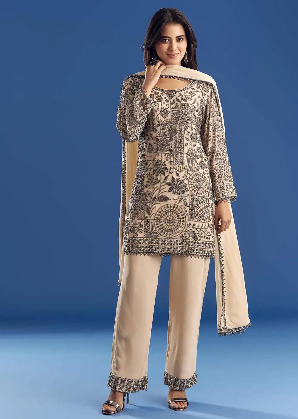Cream Beaded Kurta Dupatta Ensemble With Georgette Pant Outfit