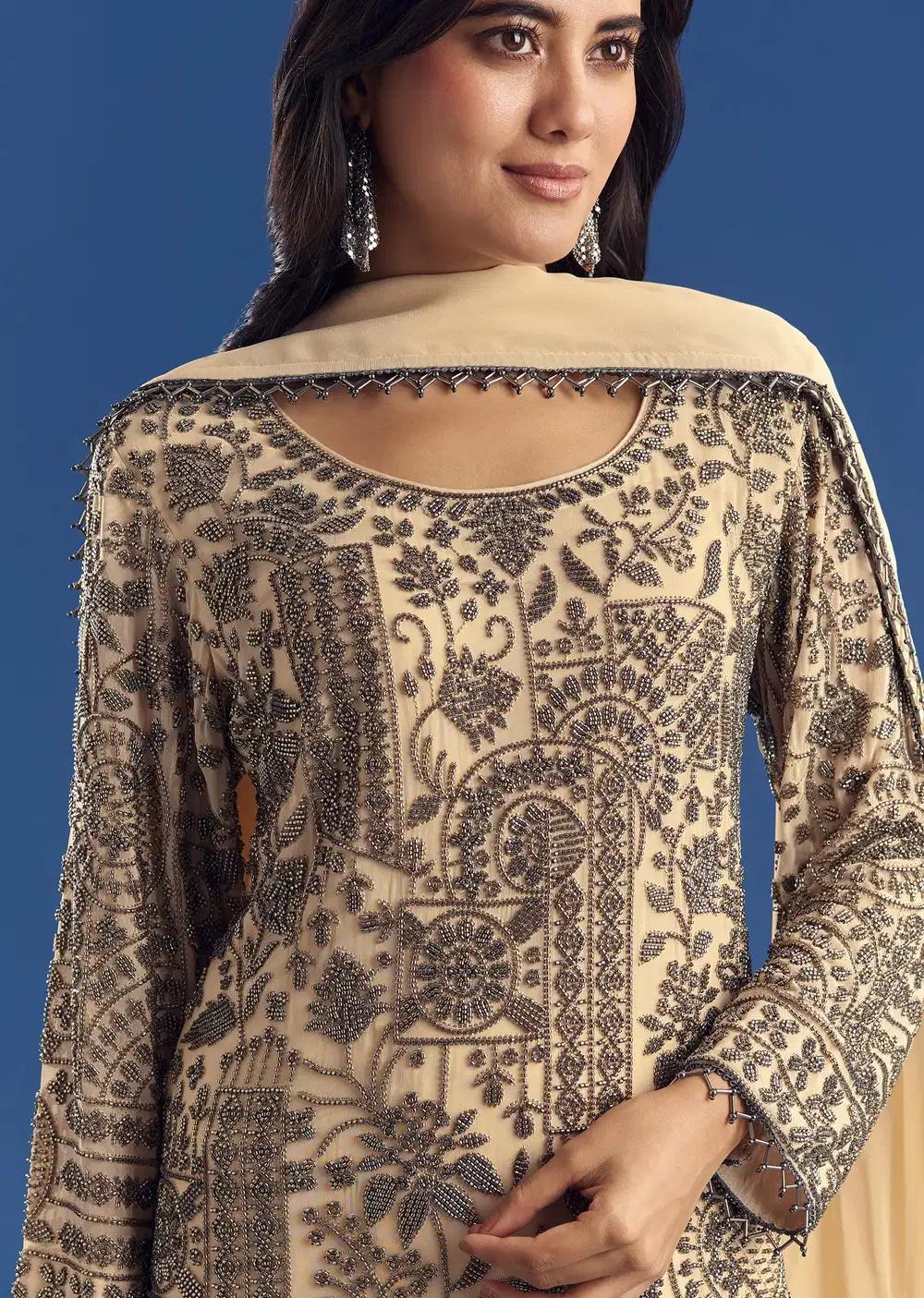 Cream Beaded Kurta Dupatta Ensemble With Georgette Pant Outfit