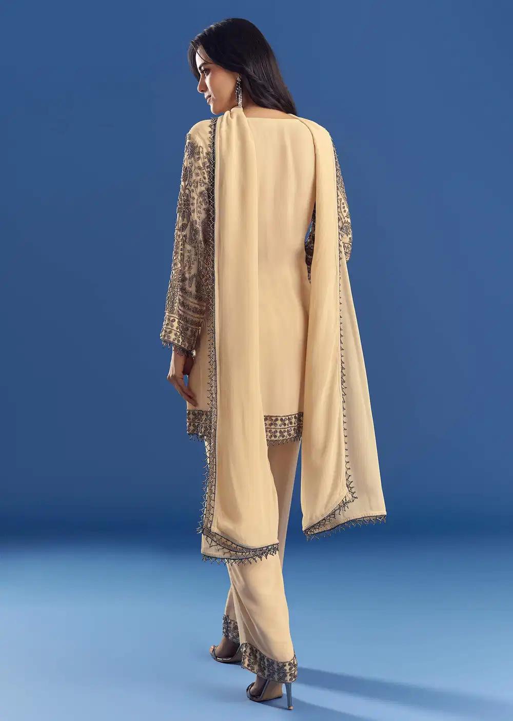 Cream Beaded Kurta Dupatta Ensemble With Georgette Pant Outfit