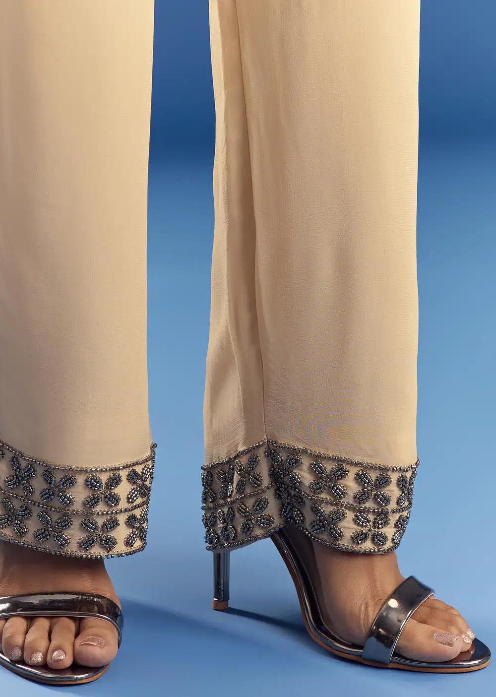 Cream Beaded Kurta Dupatta Ensemble With Georgette Pant Outfit