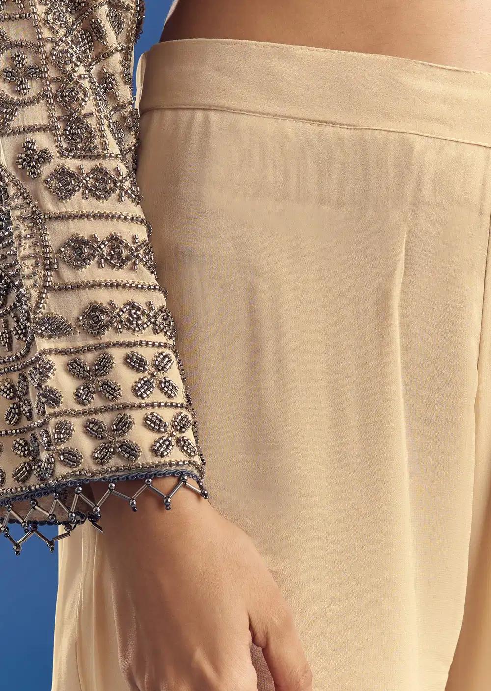 Cream Beaded Kurta Dupatta Ensemble With Georgette Pant Outfit