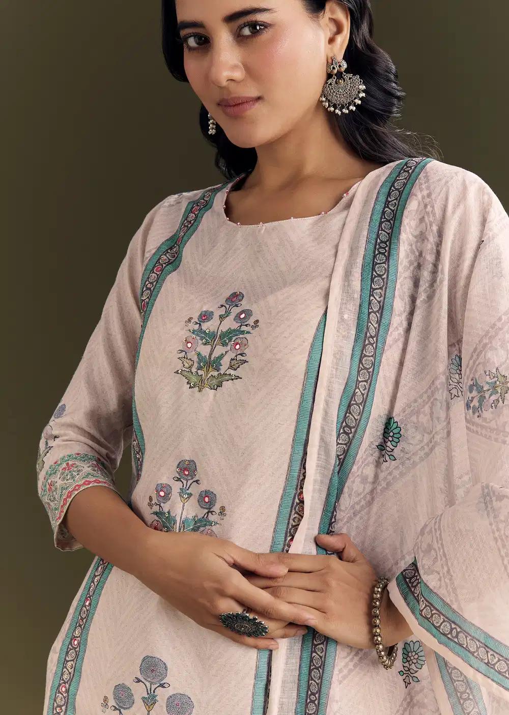 Cream Cotton Block Print Kurta Pant With Dupatta Outfit
