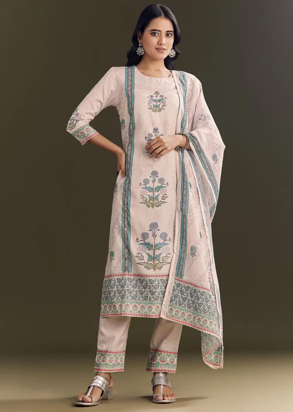Cream Cotton Block Print Kurta Pant With Dupatta Outfit