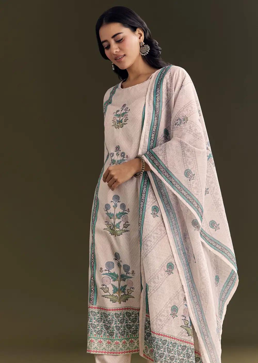 Cream Cotton Block Print Kurta Pant With Dupatta Outfit