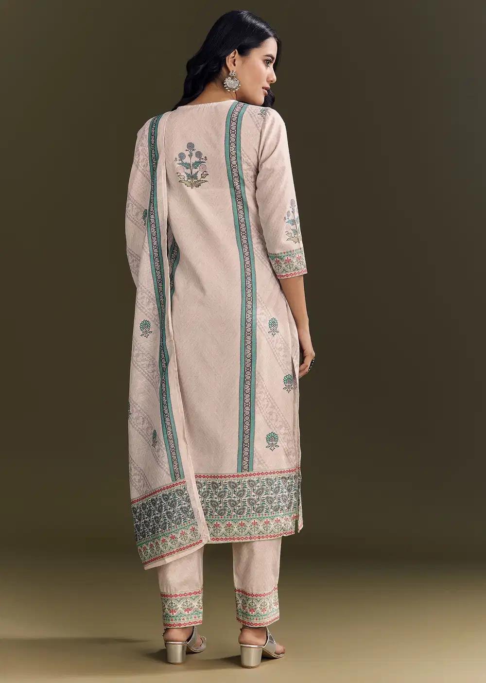 Cream Cotton Block Print Kurta Pant With Dupatta Outfit