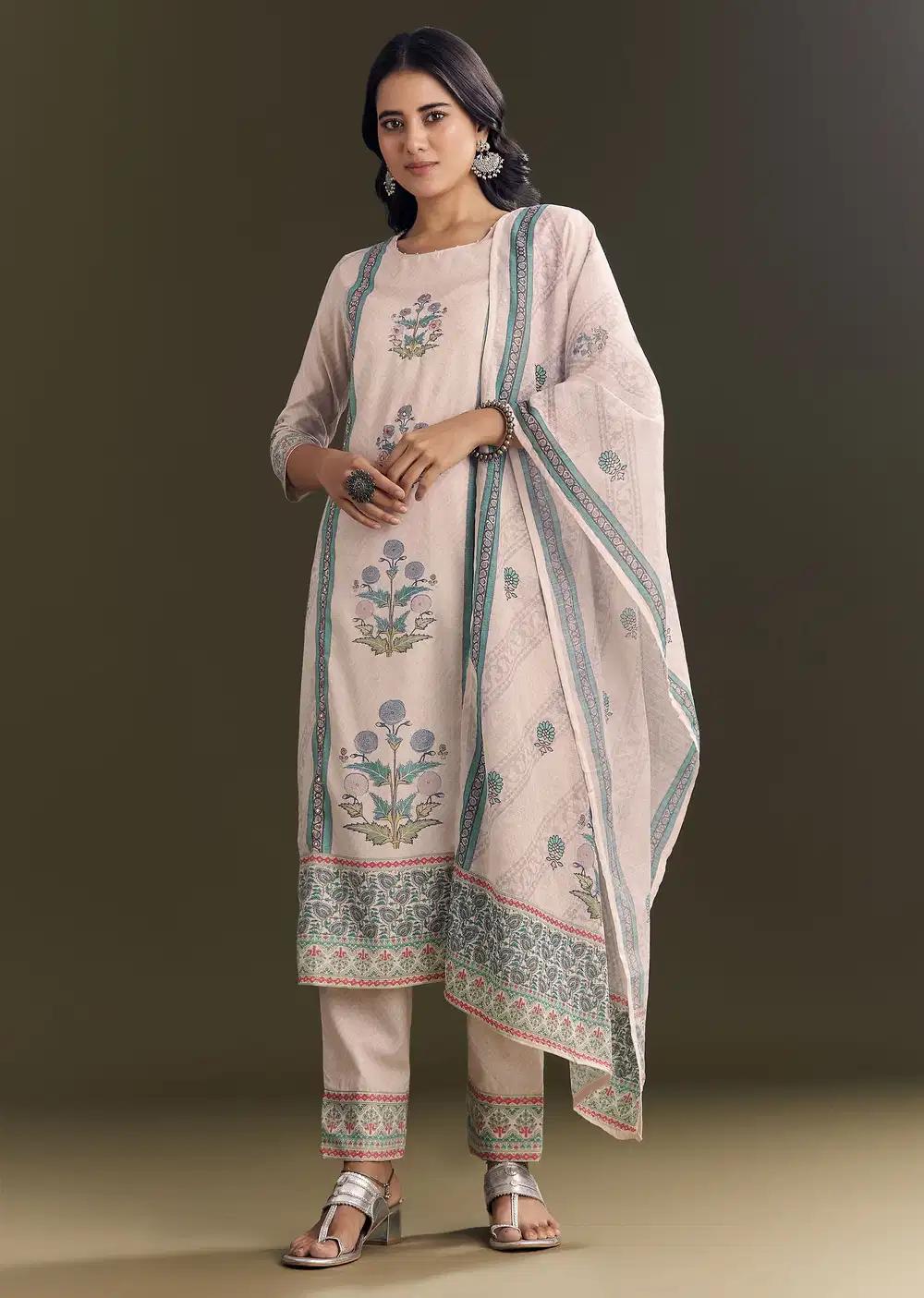 Cream Cotton Block Print Kurta Pant With Dupatta Outfit