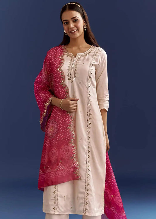 Cream Dola Silk Kurta With Gotta Work And Bandhani Pink Dupatta Outfit