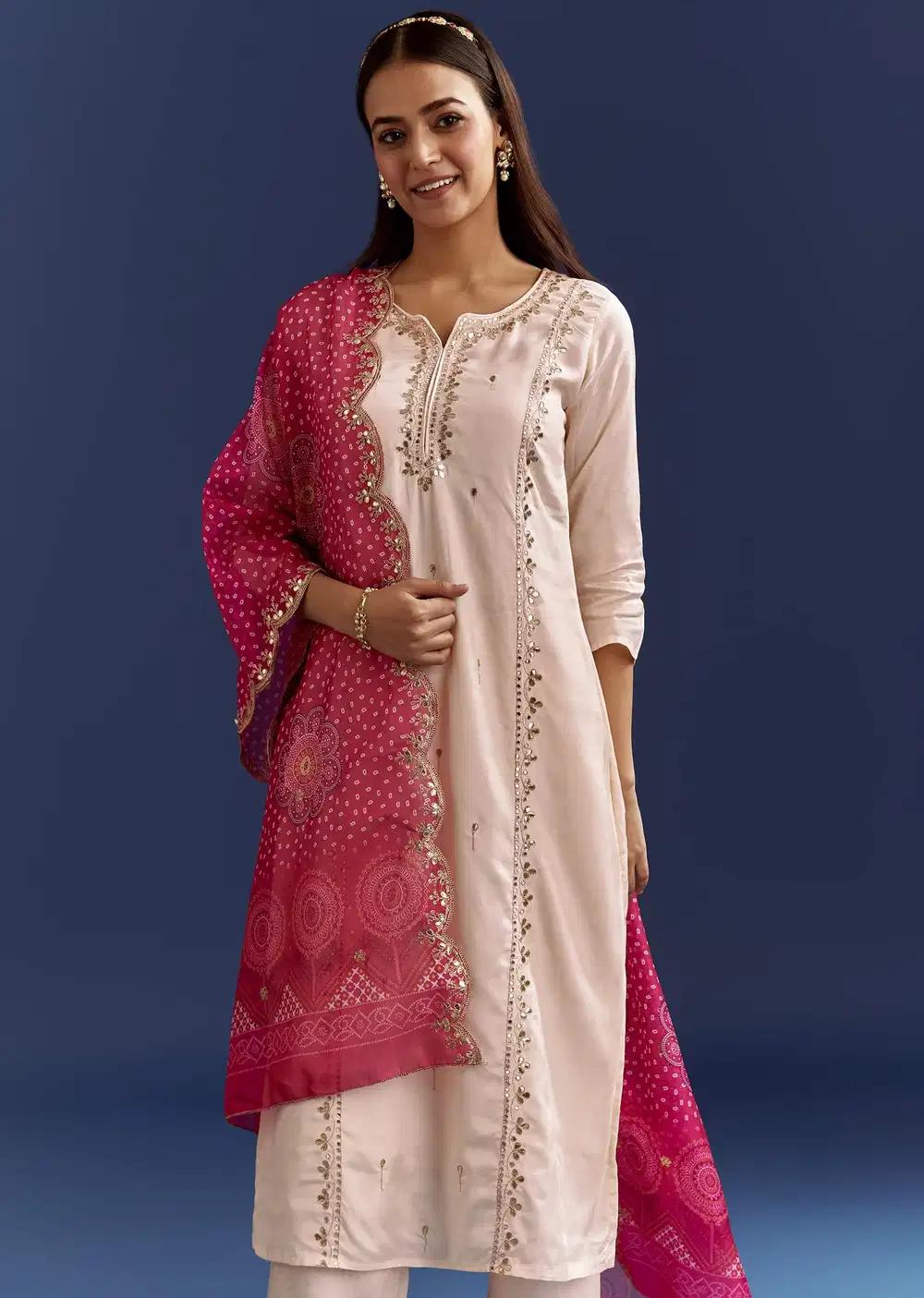 Cream Dola Silk Kurta With Gotta Work And Bandhani Pink Dupatta Outfit