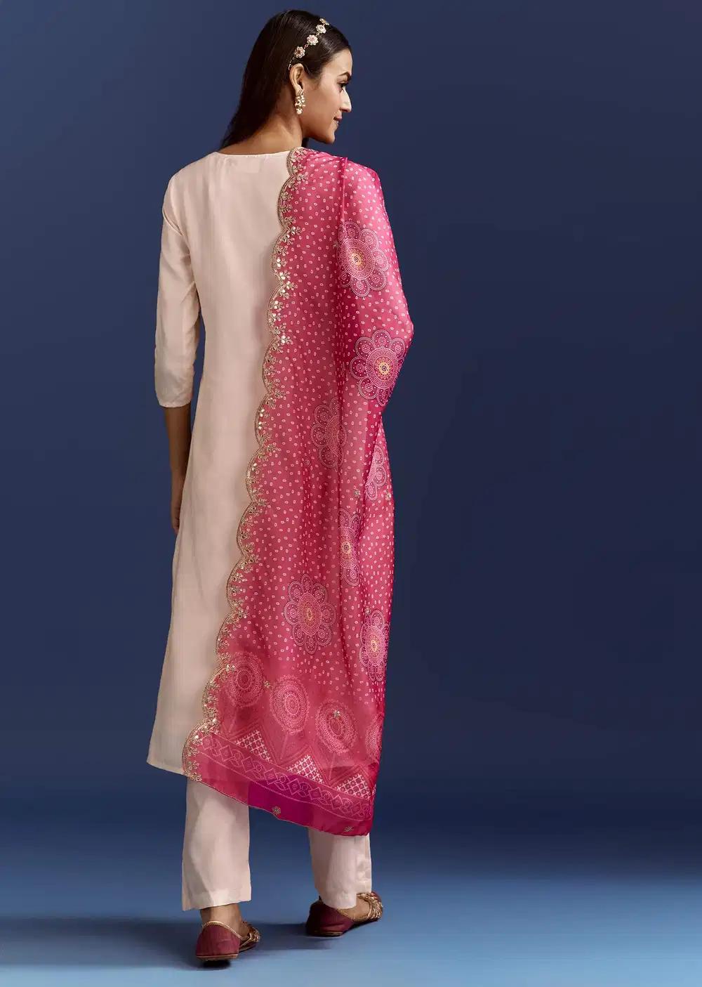 Cream Dola Silk Kurta With Gotta Work And Bandhani Pink Dupatta Outfit