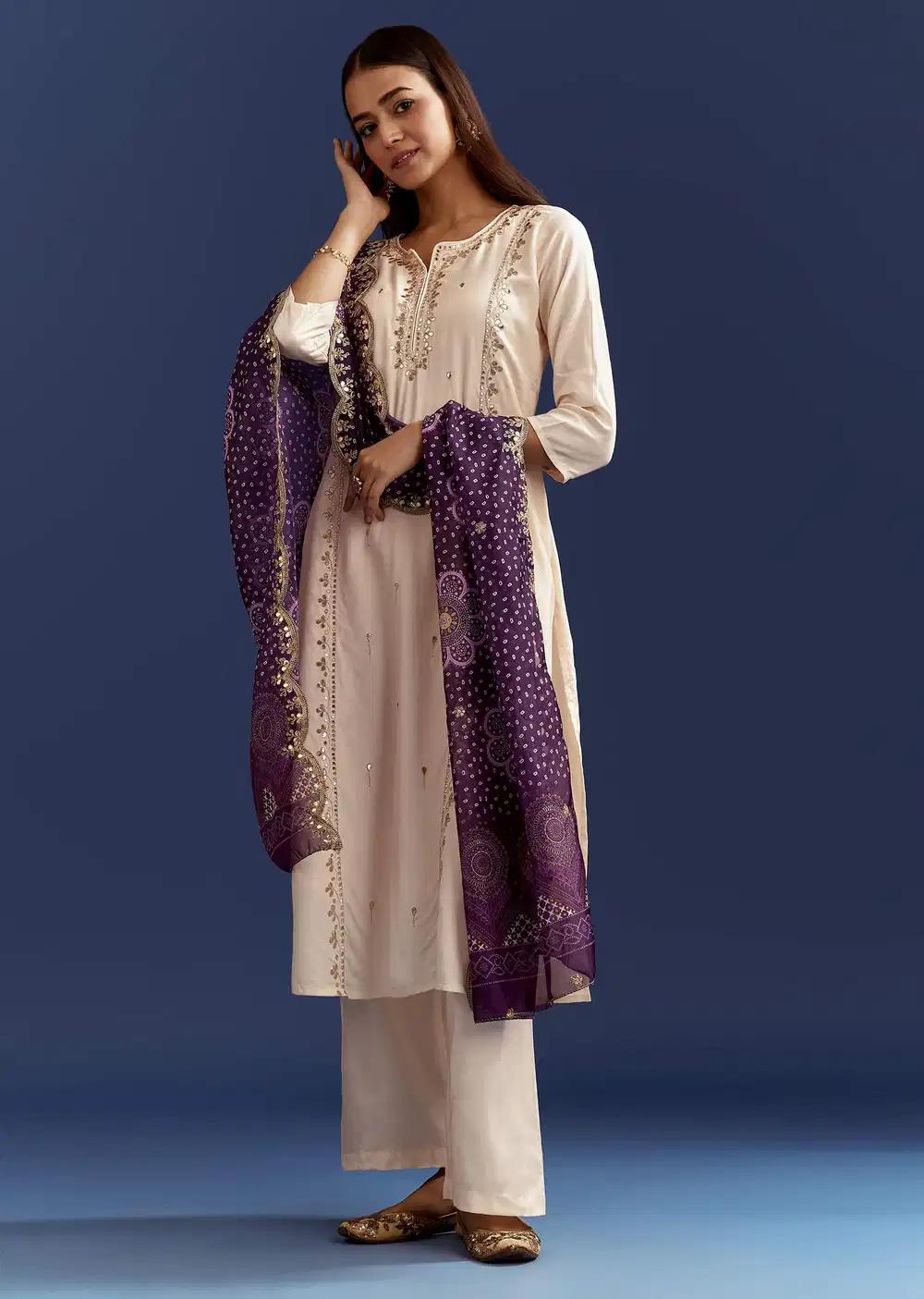 Cream Dola Silk Kurta With Gotta Work And Bandhani Purple Dupatta Outfit