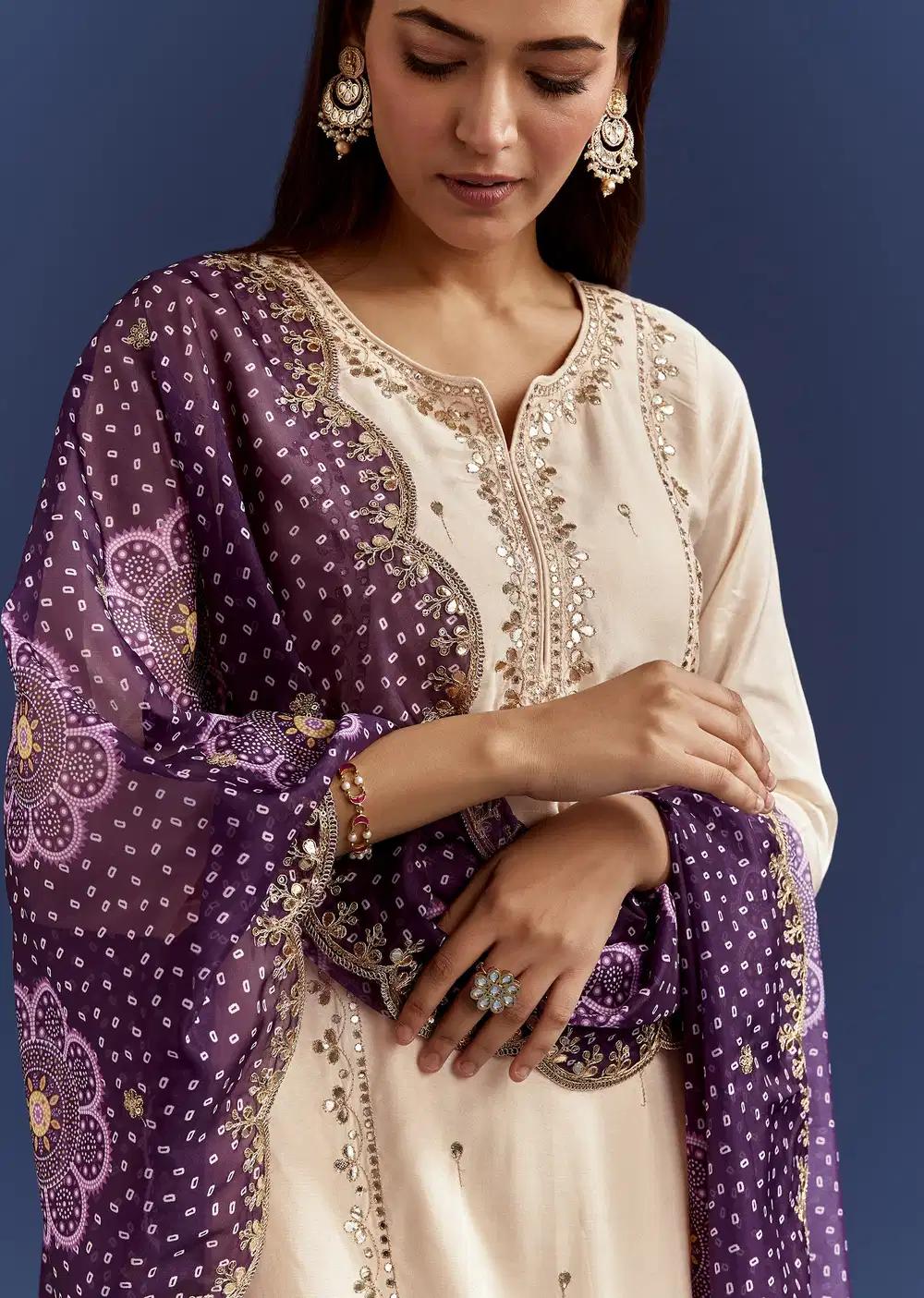 Cream Dola Silk Kurta With Gotta Work And Bandhani Purple Dupatta Outfit