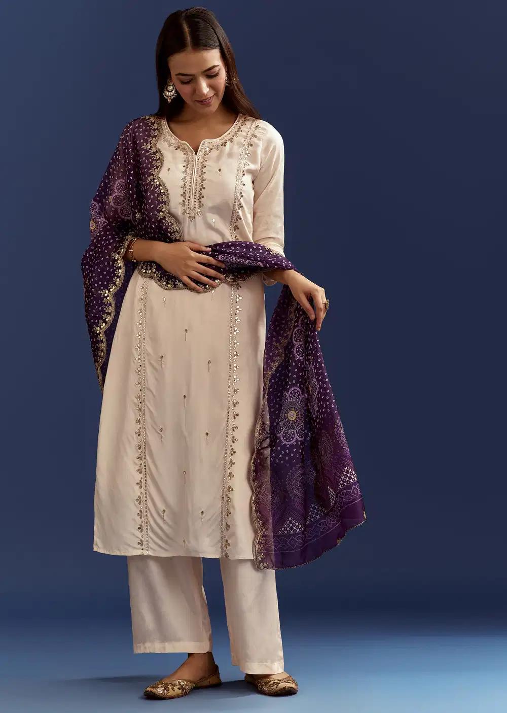 Cream Dola Silk Kurta With Gotta Work And Bandhani Purple Dupatta Outfit