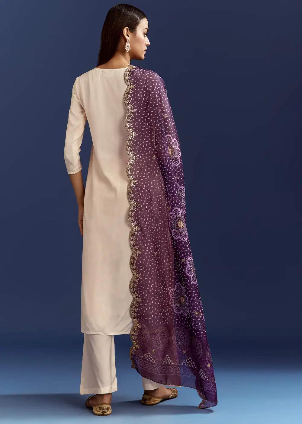 Cream Dola Silk Kurta With Gotta Work And Bandhani Purple Dupatta Outfit