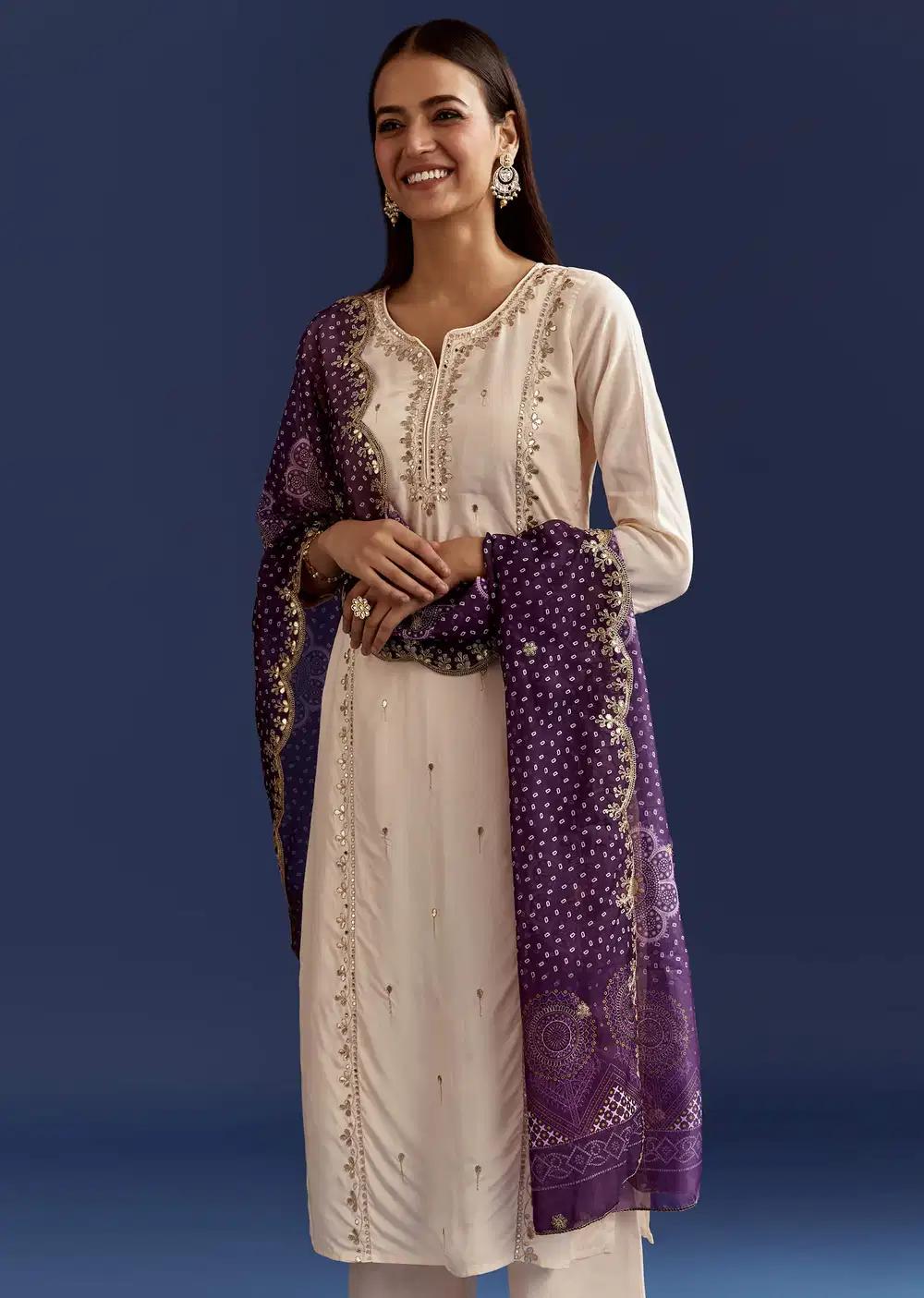 Cream Dola Silk Kurta With Gotta Work And Bandhani Purple Dupatta Outfit