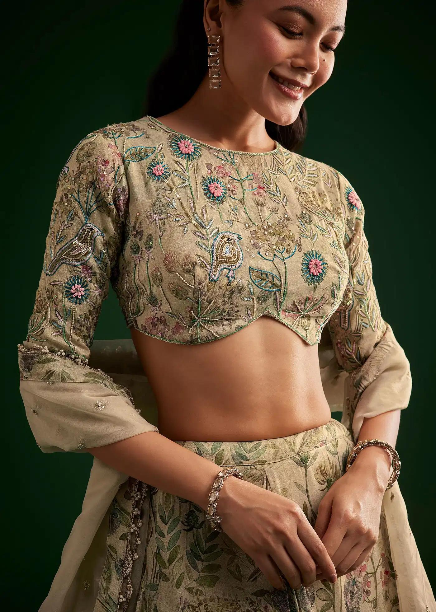 Cream Floral Lehenga Skirt Blouse Featuring Organza Drape