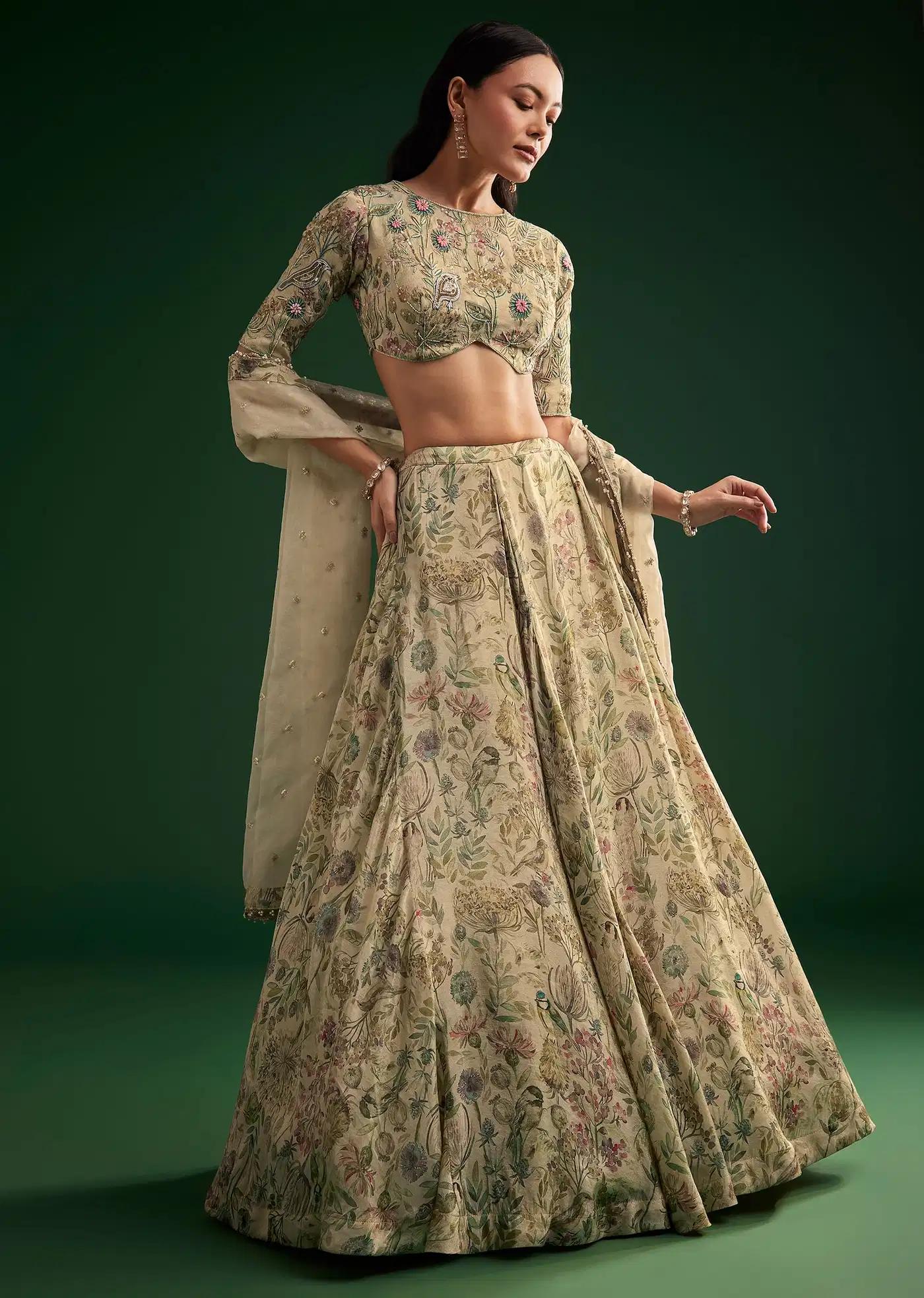 Cream Floral Lehenga Skirt Blouse Featuring Organza Drape