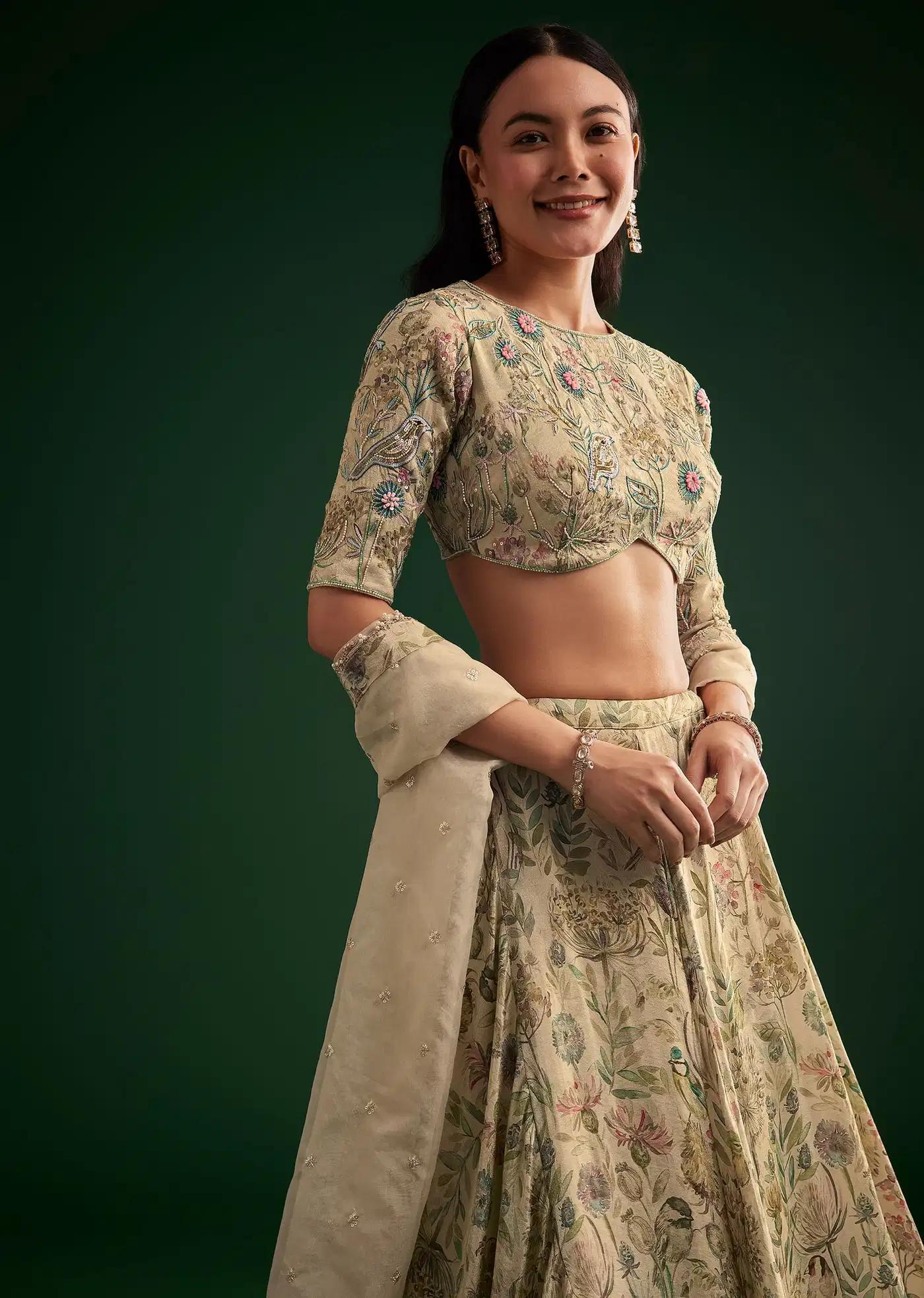 Cream Floral Lehenga Skirt Blouse Featuring Organza Drape