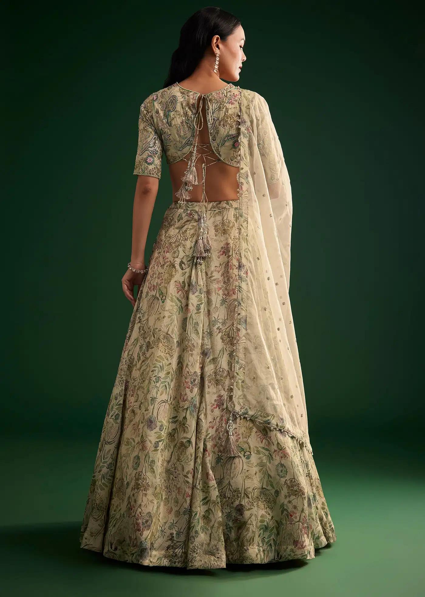 Cream Floral Lehenga Skirt Blouse Featuring Organza Drape