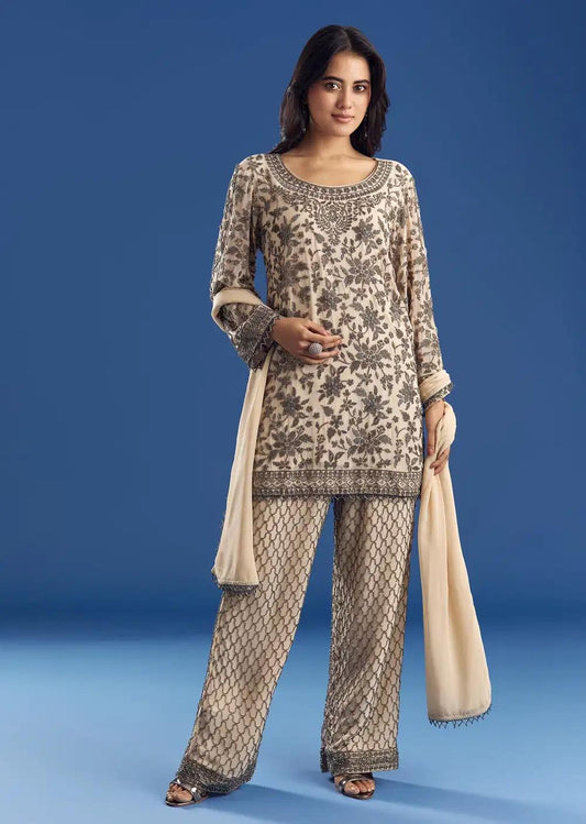 Cream Georgette Fully Beaded Kurta Pant Ensemble With Dupatta Outfit