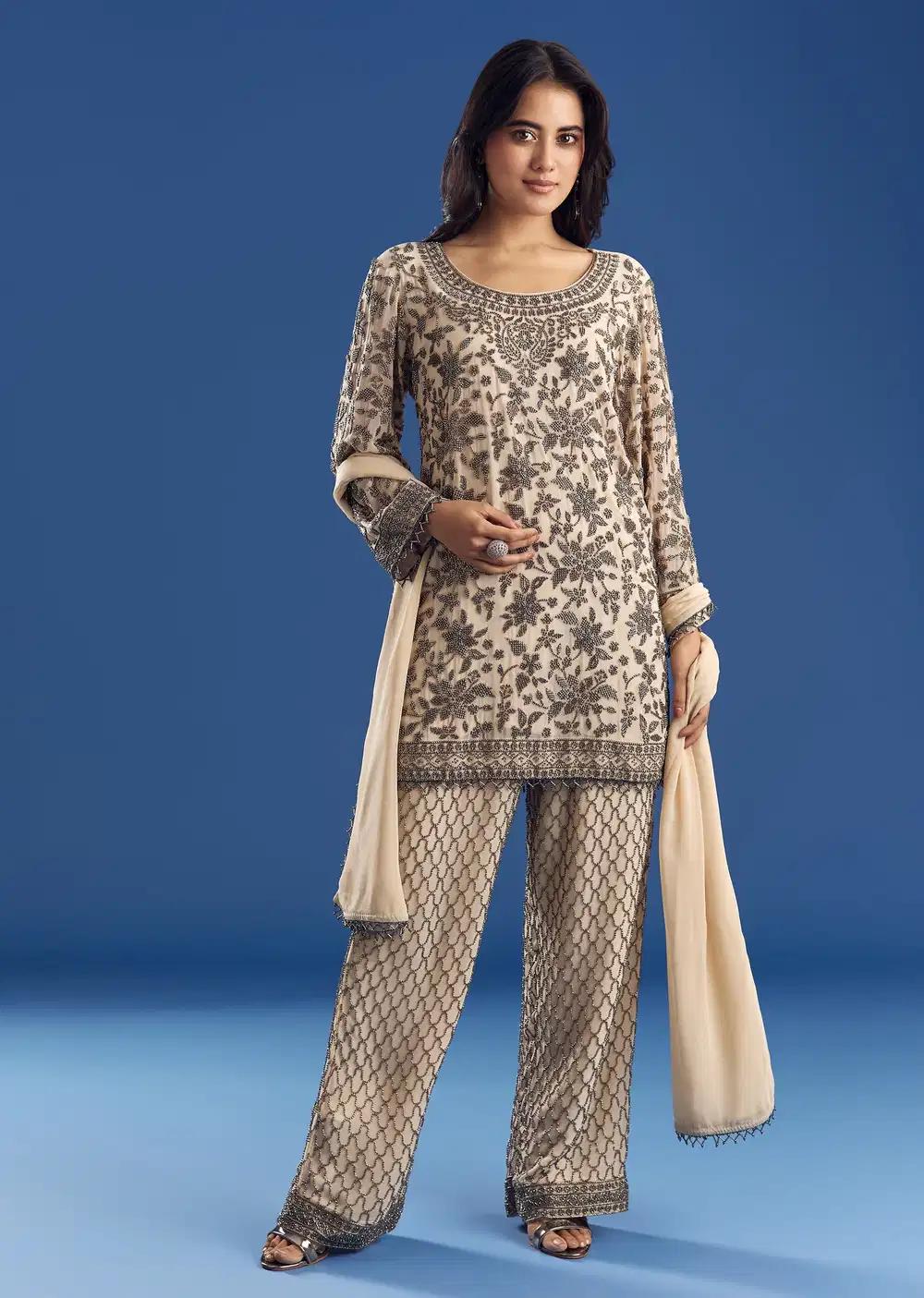 Cream Georgette Fully Beaded Kurta Pant Ensemble With Dupatta Outfit