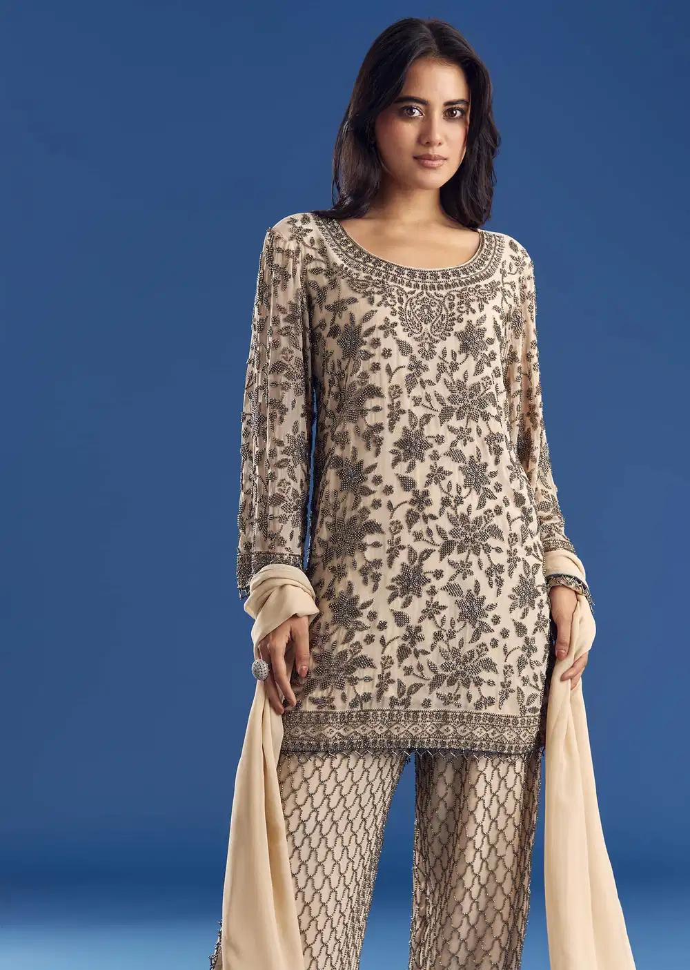 Cream Georgette Fully Beaded Kurta Pant Ensemble With Dupatta Outfit