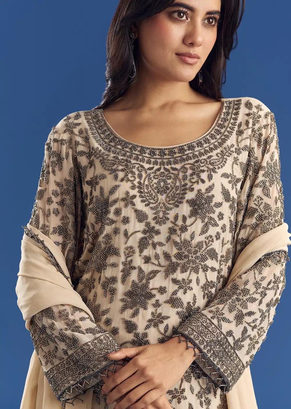 Cream Georgette Fully Beaded Kurta Pant Ensemble With Dupatta Outfit