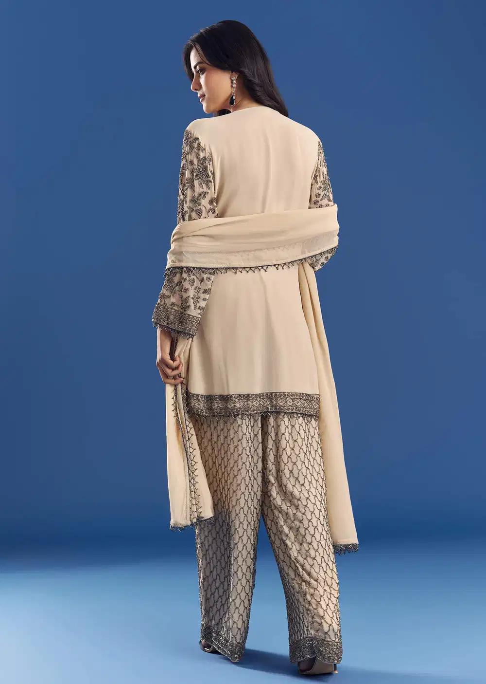 Cream Georgette Fully Beaded Kurta Pant Ensemble With Dupatta Outfit