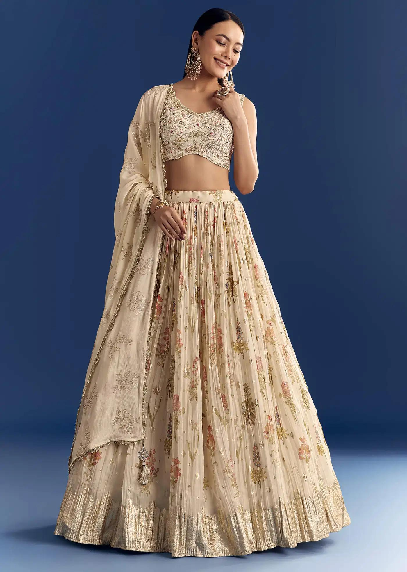 Cream Organza Lehenga Skirt Ensemble Featuring Zardosi Blouse Sequins Drape