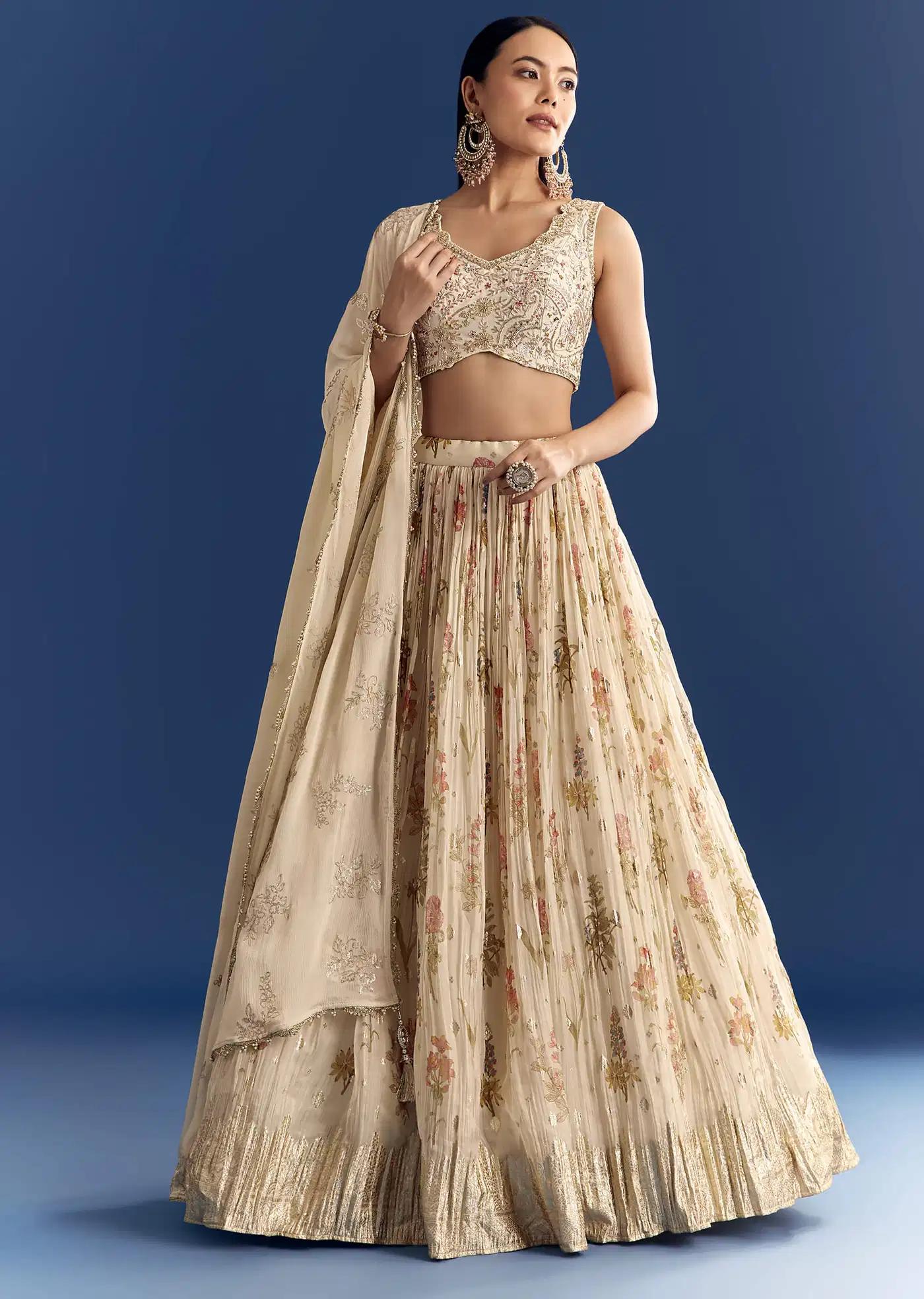 Cream Organza Lehenga Skirt Ensemble Featuring Zardosi Blouse Sequins Drape