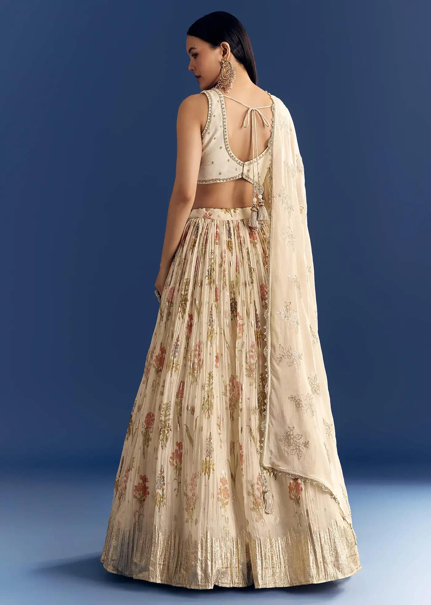 Cream Organza Lehenga Skirt Ensemble Featuring Zardosi Blouse Sequins Drape