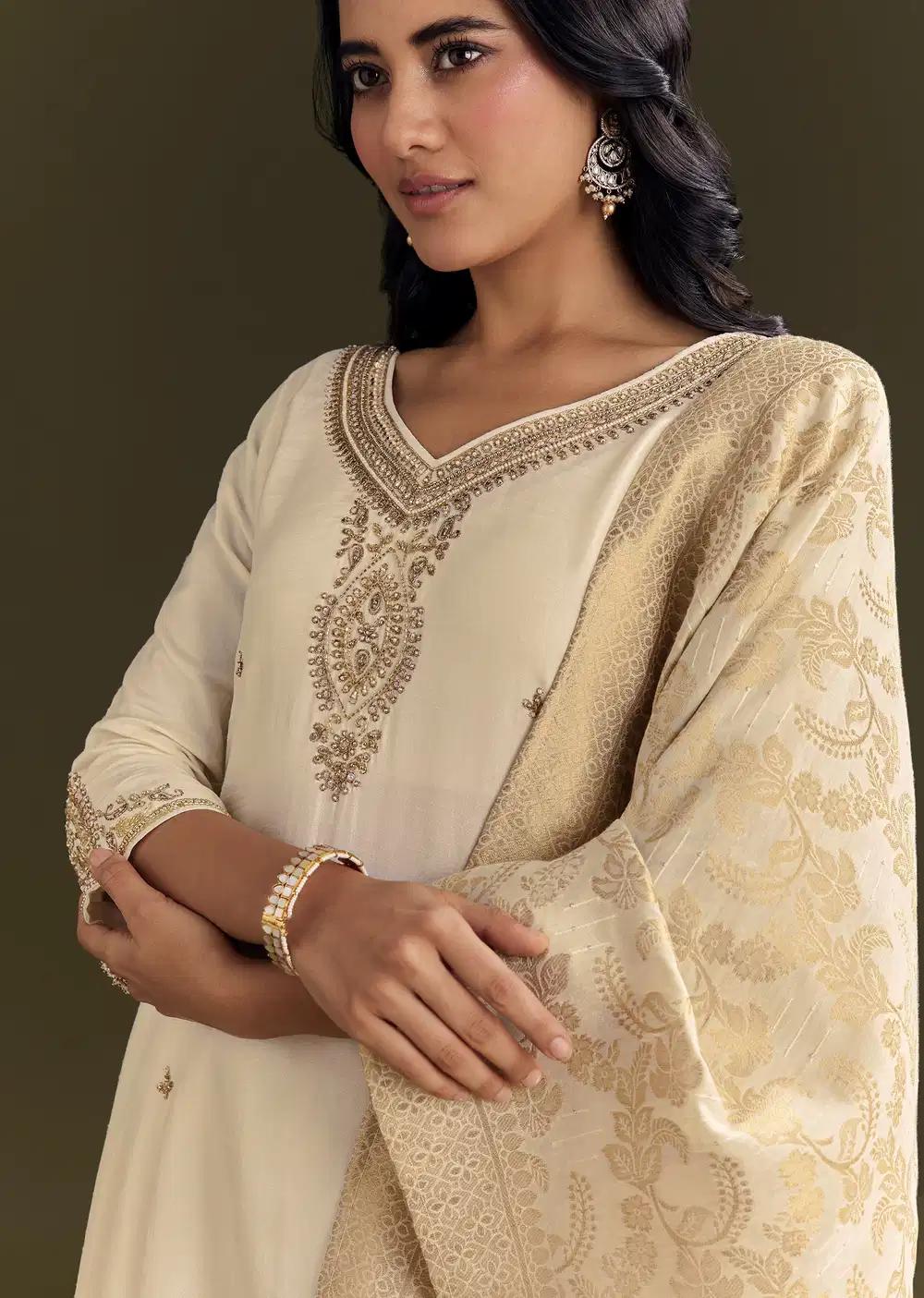 Cream Silk Embroidered Kurta Pant With Banarasi Dupatta Outfit
