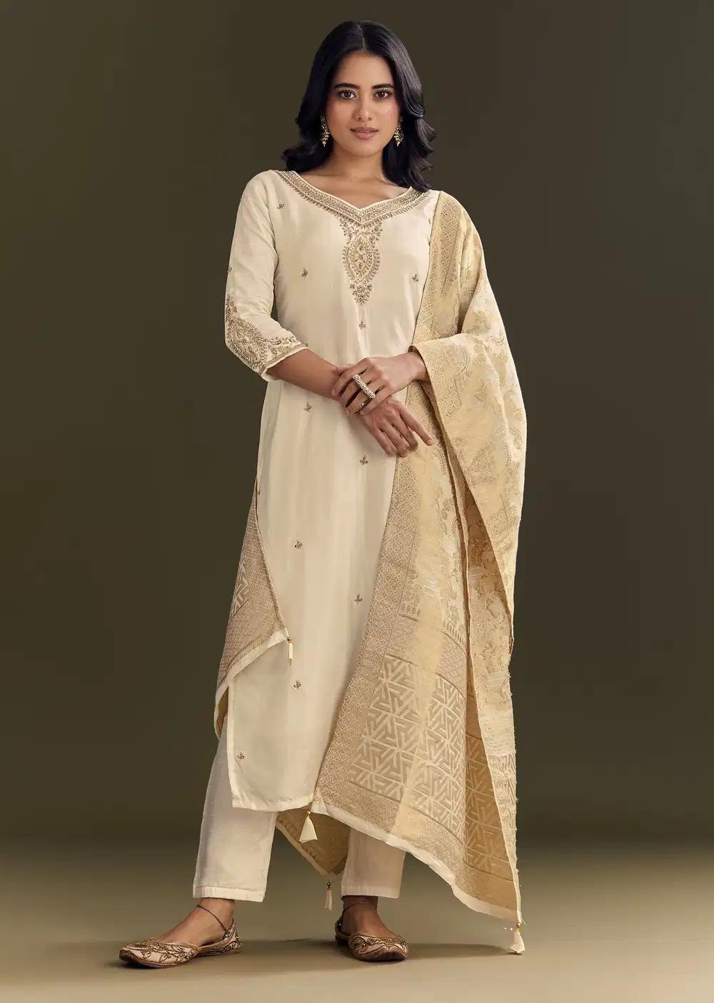 Cream Silk Embroidered Kurta Pant With Banarasi Dupatta Outfit