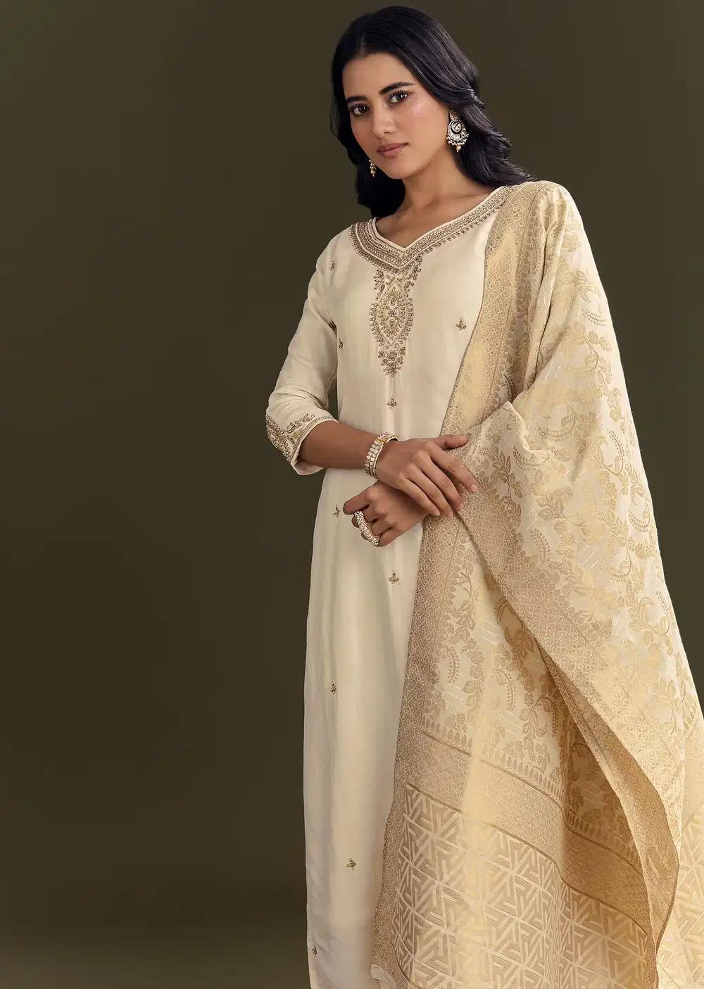 Cream Silk Embroidered Kurta Pant With Banarasi Dupatta Outfit