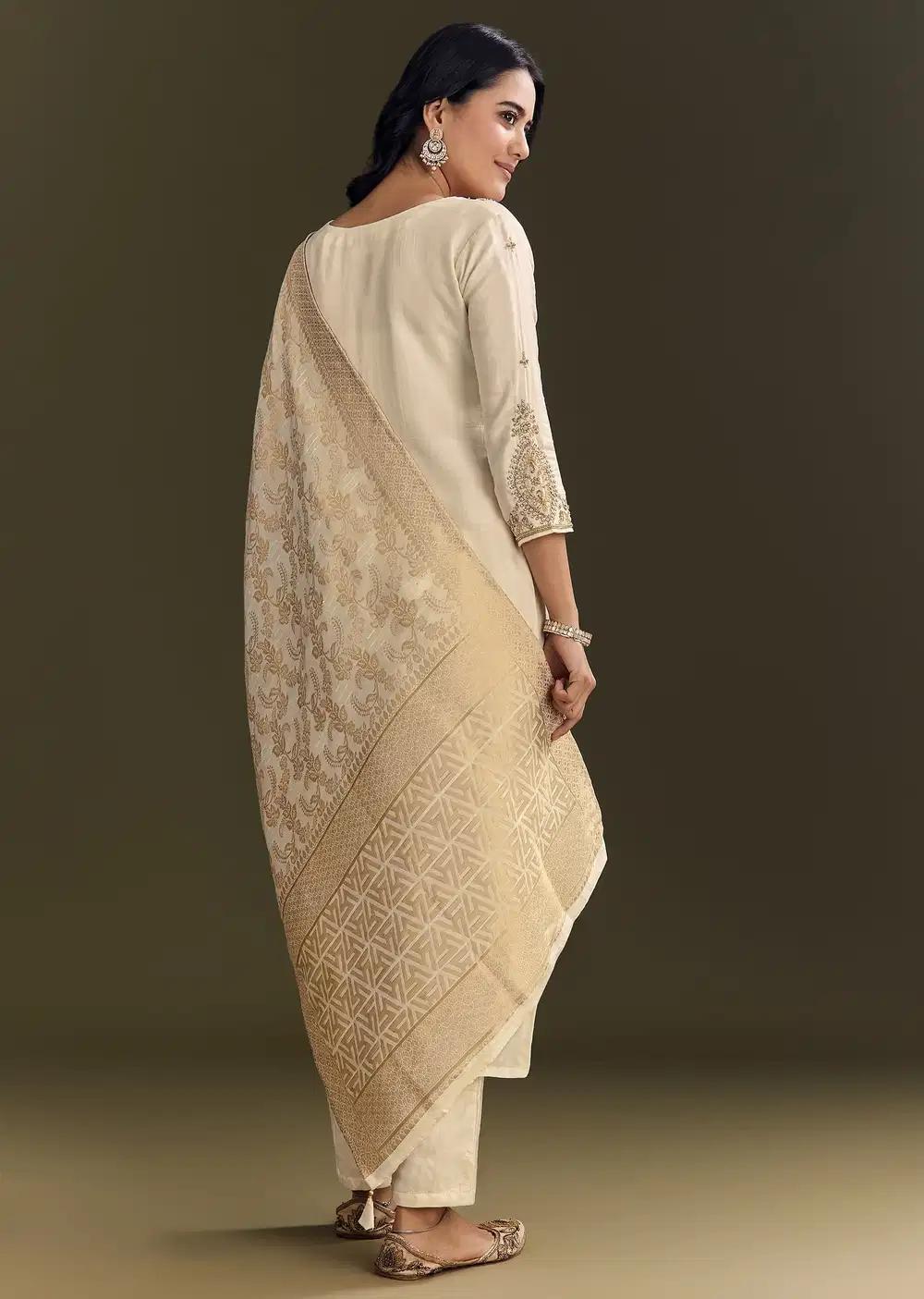 Cream Silk Embroidered Kurta Pant With Banarasi Dupatta Outfit