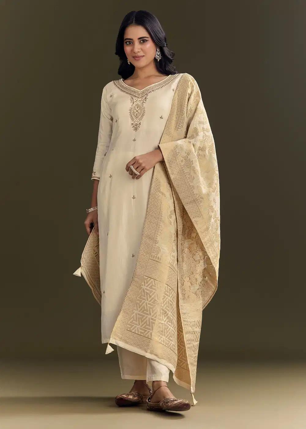 Cream Silk Embroidered Kurta Pant With Banarasi Dupatta Outfit