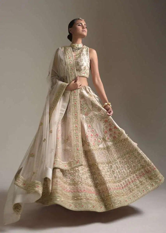 Creamy Pink Lehenga Skirt Blouse In Raw Silk Featuring Pink Resham Zardosi Handcrafted Floral Kalis Online Kalki Fashion