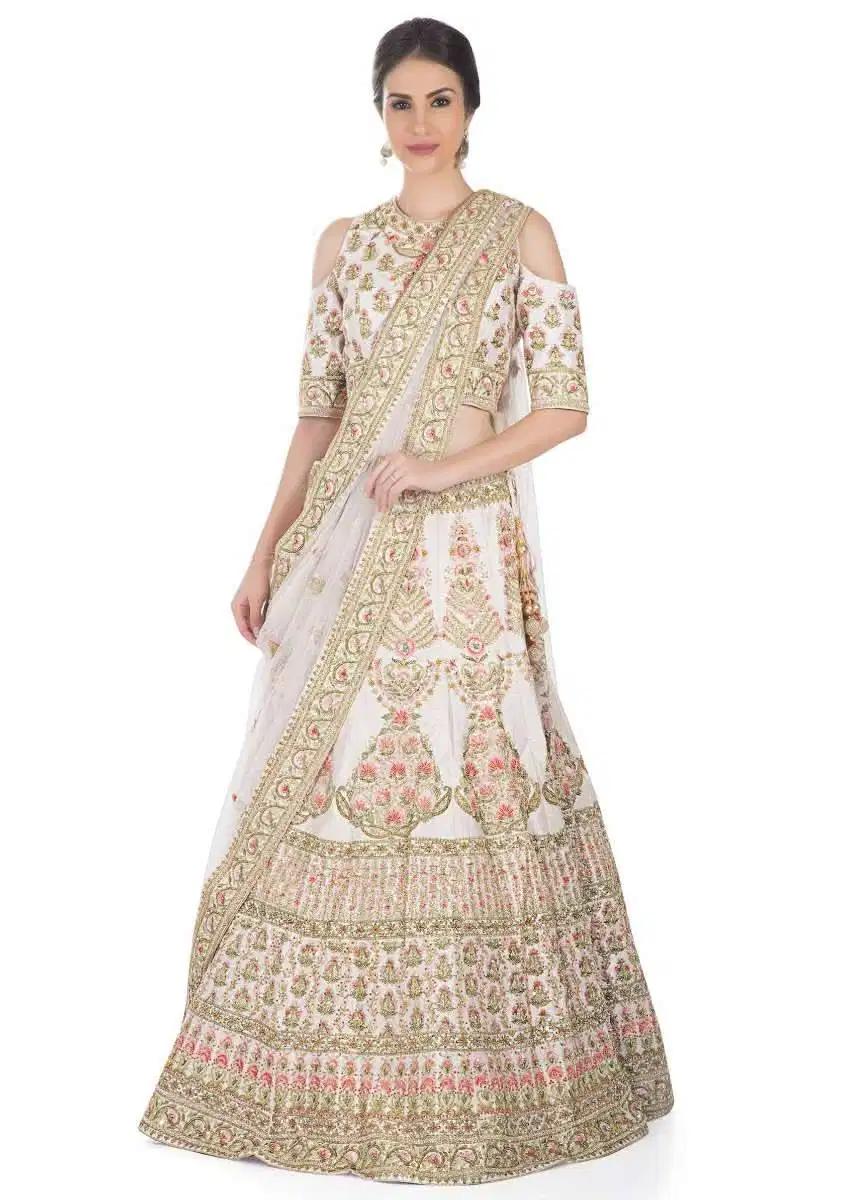 Creamy Pink Lehenga Skirt Blouse In Raw Silk Featuring Pink Resham Zardosi Handcrafted Floral Kalis Online Kalki Fashion