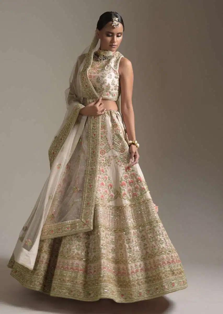 Creamy Pink Lehenga Skirt Blouse In Raw Silk Featuring Pink Resham Zardosi Handcrafted Floral Kalis Online Kalki Fashion