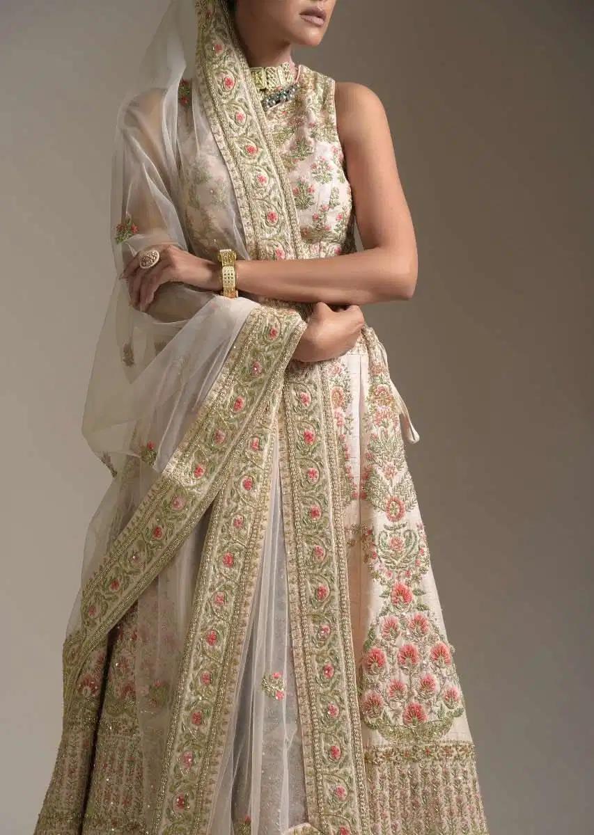 Creamy Pink Lehenga Skirt Blouse In Raw Silk Featuring Pink Resham Zardosi Handcrafted Floral Kalis Online Kalki Fashion