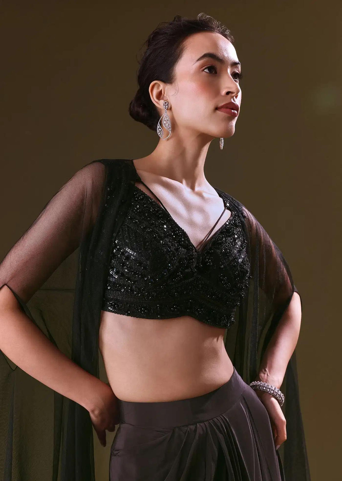 Crepe Black Skirt Choli With Tulle Cape Draping