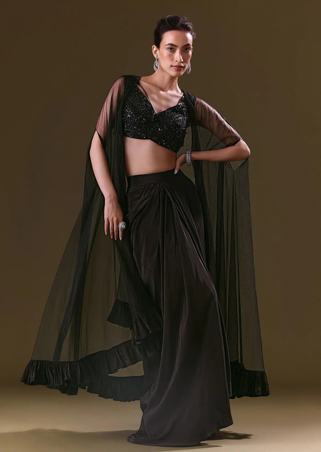Crepe Black Skirt Choli With Tulle Cape Draping