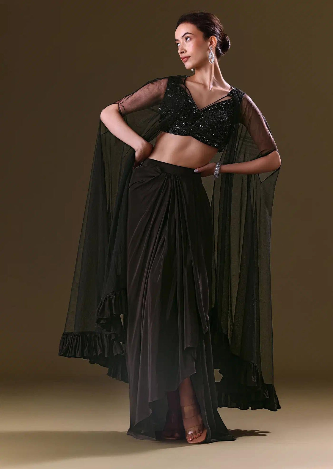 Crepe Black Skirt Choli With Tulle Cape Draping