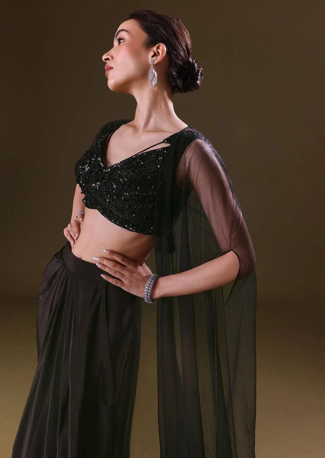Crepe Black Skirt Choli With Tulle Cape Draping