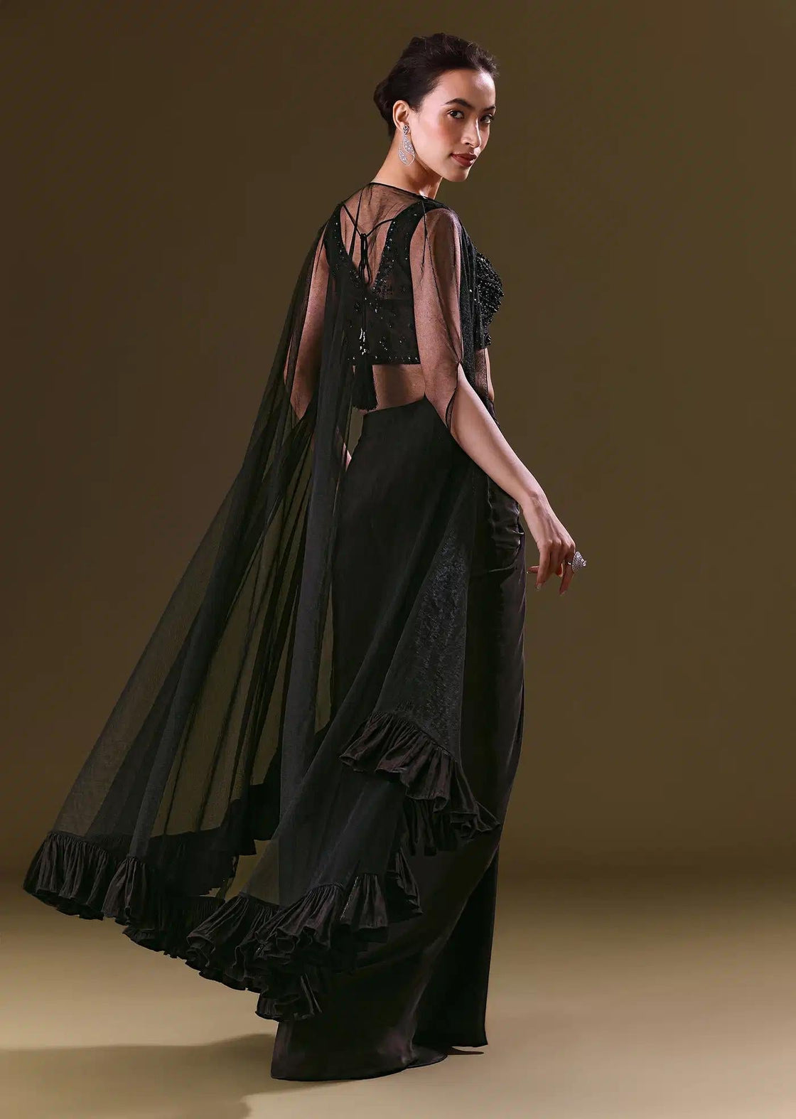 Crepe Black Skirt Choli With Tulle Cape Draping