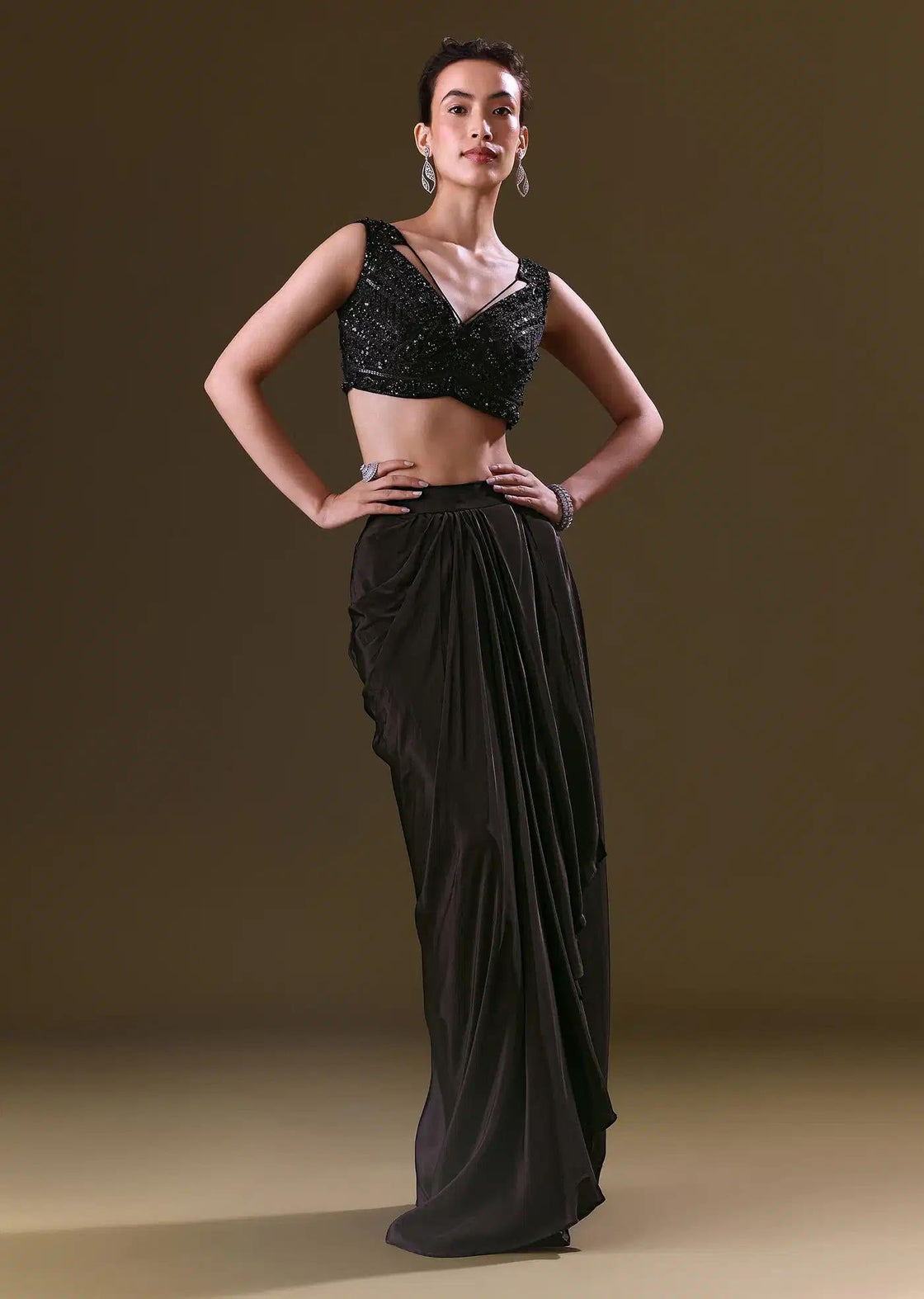 Crepe Black Skirt Choli With Tulle Cape Draping