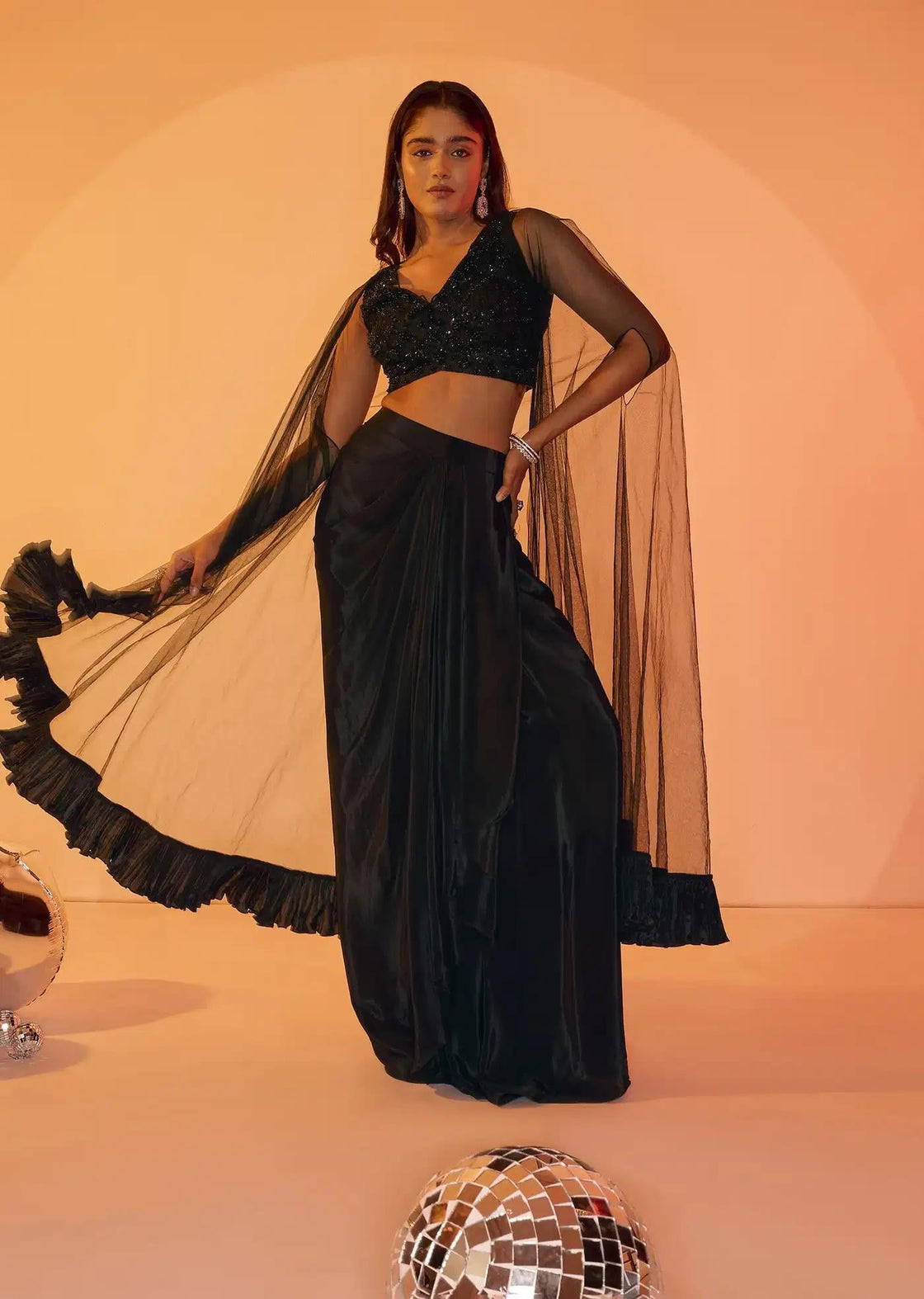Crepe Black Skirt Choli With Tulle Cape Draping